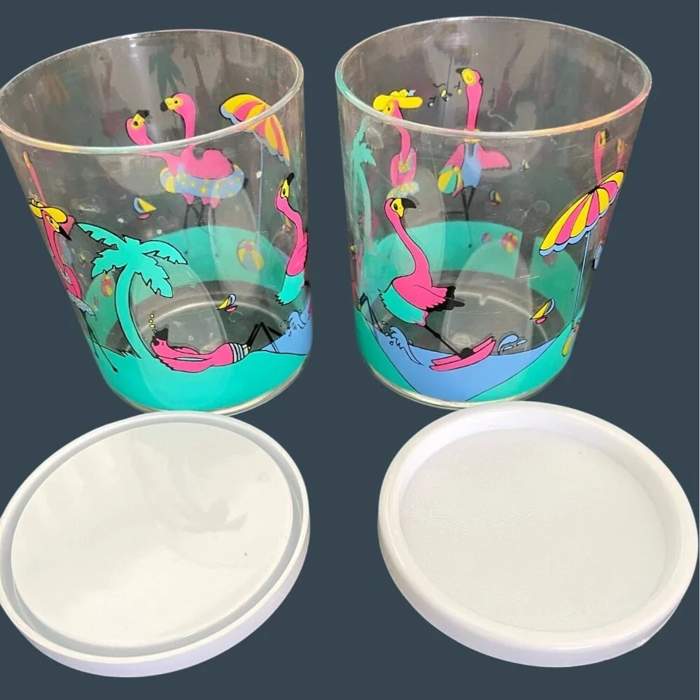 Retro Pink Flamingo Ice Bucket Barware Drink 10 Pc Set Tumbler Glasses Vintage